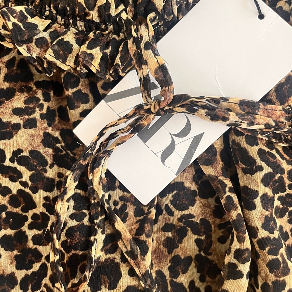 Zara Leopard Animal Print Ruffle Mini Skirt Women S NWT Drawstring - Picture 6 of 7